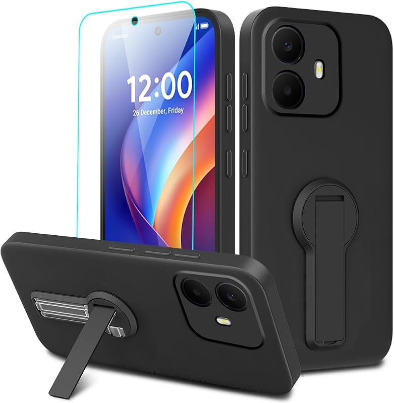 Compatible for TCL TCL K70 Phone Case with Tempered Glass Screen Protector, 360° Rotatable Folding Hidden Kickstand/Stand Silicone TPU Protective Cover Case for TCL K70 - Black
