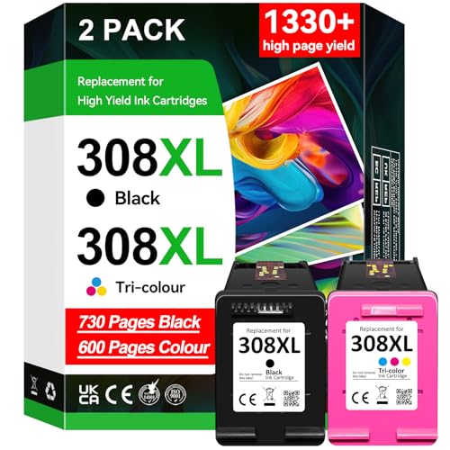 308XL Ink Cartridges High Yield Replacement for HP 308 Ink Cartridges Black and Colour for HP Envy 6120 6120e 6520e 6530e 6110e 6132e 6532e 6152e 6130e DeskJet 2920 2920e (2-pack)