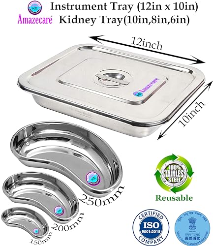 Image of Medical Reusable Instrument Tray (12 inchInch X 10 inchInch) With Lid & Set Of 3 Kidney Tray 250Mm (10In), 200Mm (8 inchIn), 150Mm (6''In) Made From Heavy Stainless Steel