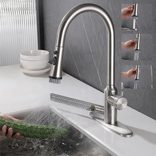 Grifo de cocina 4 en 1 de acero inoxidable cepillado con caño extraíble para fregadero