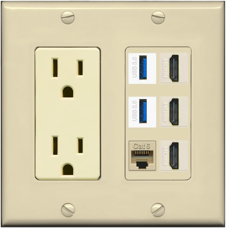 RiteAV 3 Port HDMI 2 Port USB 3.0 1 CAT6-RJ45 Wall Plate - Outlet [White]