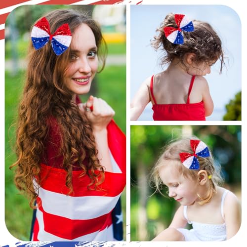 Patriotic 4th of July Hair Bows for Women & Girls, Sparkly Sequins Red Wihte and Blue Hair Accessories Handmade Metal Alligator Clips Non Slip Hair Barresttes Accessories for Independence Day Decor — view 4