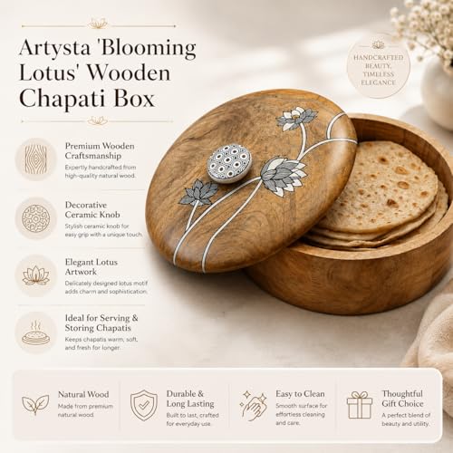 Image of Artysta 'Blooming Lotus' Wooden Chapati Box | Wooden Casserole For Roti | Chapati Box For Kitchen | Roti Box with Lid | Housewarming Gifts | Handpainted Roti Box | Mango Wood 8inch, 1080ml