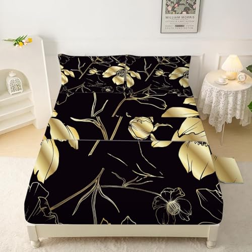 FUYEUN Floral Sheet Set: Black and Gold Flower Bedding Set Full/Queen Size for Girls Teens Women Kids Aesthetic Luxury Bedroom Bed - 1 Flat Sheet, 1 Fitted Sheet, 2 Pillowcases