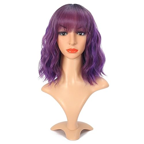 Peluca ondulada natural de color morado oscuro degradado con flequillo de aire, pelucas cortas de red estilo Bob rosa para mujer, pelucas de