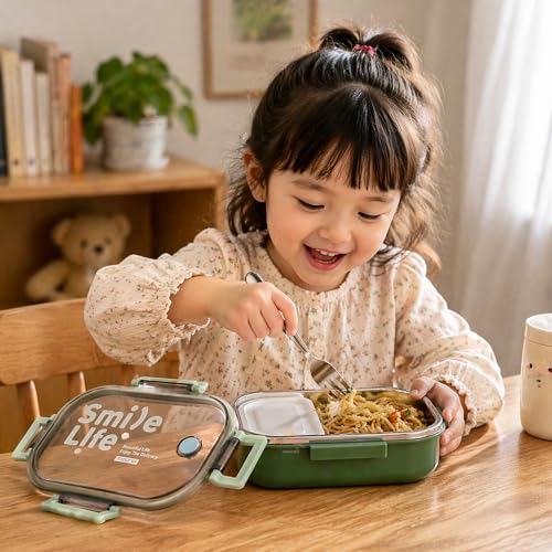 Image of WISHKEY Stainless Steel Lunch Box with Plastic Condiment Box for Kids & Adults, Leak Proof Air Tight Food Storage Container With Vent Hole, Tiffin Box Set for School & Office, 710 ml(Pack of 1, Green)