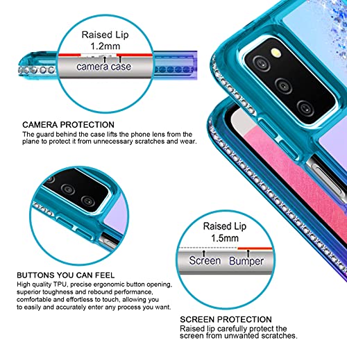 Armorlea Samsung Galaxy A03S Case Us Version W/ [2 Pack] Tempered Glass Screen Protector, Ring Holder/Wrist Strap, Glitter Liquid Quicksand Waterfall, Diamond Phone Case Girls Women (Teal Purple) #TOP5