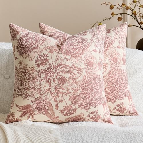 yeshttdy Floral Vintage Pillow Covers 22x22 Inch Set of 2 Red White Farmhouse Block Print Pillow Covers Decorative Throw Pillow Covers Neutral Accent Couch Pillows for Living Room Sofa Bed