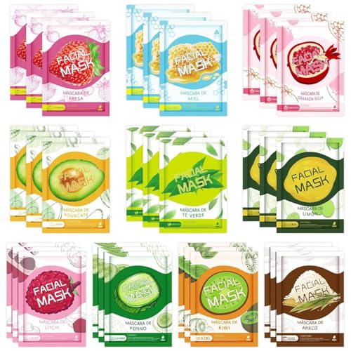 30 Sheets Face Masks Skincare, Hydrating Variety Face Mask For Sensitive Skin, Moisturising Sheet Mask for Women, Soothe Facial Masks for All Skin Types, Fruit Sheet Face Mask Skincare for Spa