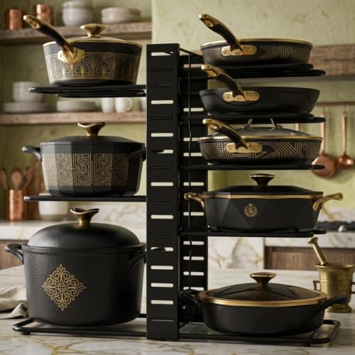 Image of 8-Tier Pots and Pans Organiser Rack for Cabinet, Adjustable Black8-Tier Pots and Pans Organizer Rack for Cabinet, Heavy Duty Adjustable Cookware Storage Holder for Pots, Pans
