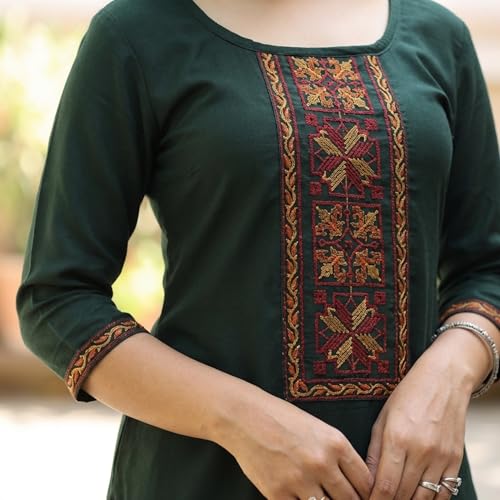 Image of Women's Rayon Straight One Piece Kurti with Ethnic Thread Embroidery | Round Neck 3 /4 Sleeve Calf Length Kurta for Office Bottle Green & Navy Blue | (M-XXL)
