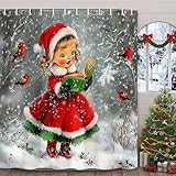 Cute Vintage Christmas Girl Shower Curtain, Retro Winter Snow Forest Tree Bird Scene Shower Curtains for Bathroom, Rustic Xmas Snowflake Holiday Bathtub Bath Curtain Accessories with Hooks 69X70in