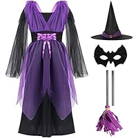 YADODO Witch Costume Kids Girls 8-9 with Broom Witch Hat Halloween Witches Costume Kids Girls Witch Outfits kids Purple Wizard Witch Fancy Dress for GirlsToddler Kids Halloween Dress Up