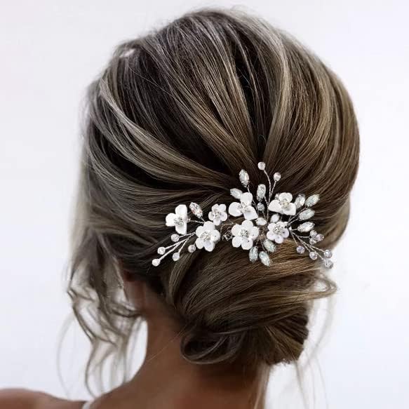 Brishow Brides Wedding Flower Hair Comb Silver Crystal Floral Hairpieces