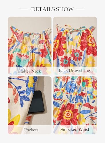 Image of BLENCOT Womens Summer Beach Halter Neck Dresses Casual Smocked A Line Floral Mini Dress with Pockets