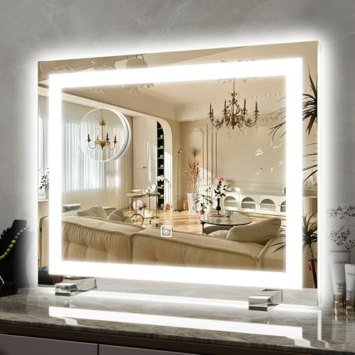 22x20 Inch Lighted Vanity Mirror, 3-Mode Touch Dimming LED Lighting, Large Makeup Mirror for Dressing Room, Tabletop or Wall-Mounted, White