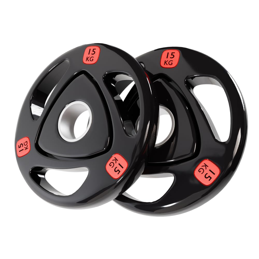 Strongway® Olympic Weight Plates Discs for Barbell Bar - 2 Inch (2") / 50mm Hole - Rubber Coated Cast Iron Weights Tri Grip Range of Weights and Sizes (15KG X 2) — image 1