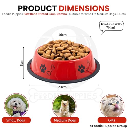 Image of Foodie Puppies Stainless Steel Dog Bowl Combo - (Medium, 700ml) Food and Water Feeding Gift Bowl | Suitable for Dogs, Cats and Other Pets I Paw Bone Print, Anti-Skid Rubber Base (Red + Blue)