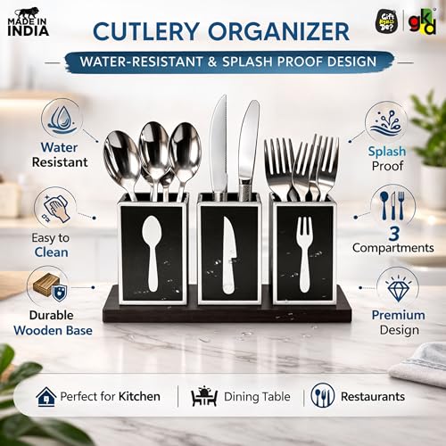 Image of GKD Wooden Spoon Holder for Kitchen Counter, 3 Section Cutlery Stand Organizer for Spoon Knife Fork, MDF Wood Utensil Holder with Base for Dining Table & Kitchen (Made in India) (Classic Cutlery)