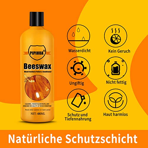 PIPIHUA Bienenwachs Möbelpolitur Holz, Natürliche Holzwachs Farblos für Möbelpflege & Holzschutz, Möbelwachs & Holzlasur, Premium Holzpolitur, Holzpflege für Holzmöbel Holztisch, 480ml