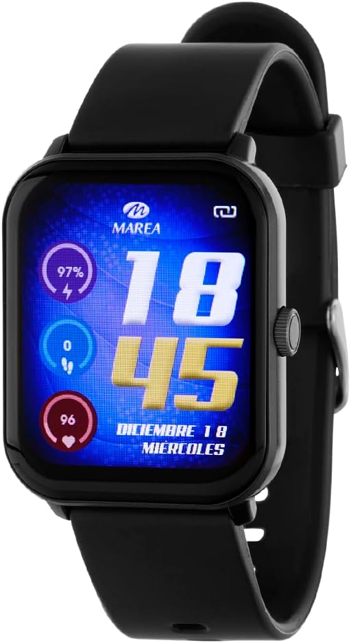 Marea Smartwatch B59009/1 with display showing time, date, battery, steps, and heart rate.