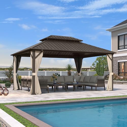 PURPLE LEAF Tonnelle de Jardin Extérieur Aluminium 4,85 x 3,65 m, Pergola à Double Toit en Acier Galvanisé, Pavillon avec Moustiquaire et Rideaux pour Camping, Fête,...