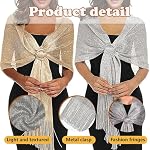Shawl for Women 2PCS Long Evening Wrap Gold and Silver Shimmer Scarf with Buckle Lightweight Elegant Dress Shawl for Wedding Party Formal Gown Outfit Styling Accessory