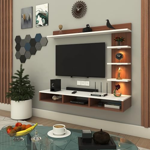 Image of Anikaa Tyron Engineered Wood Wall Mount TV Unit /TV Stand /Wall Set Top Box Stand /TV Cabinet /TV Entertainment Unit with LED Light (Walnut /White)(Ideal for Upto 42 inch)(D.I.Y)
