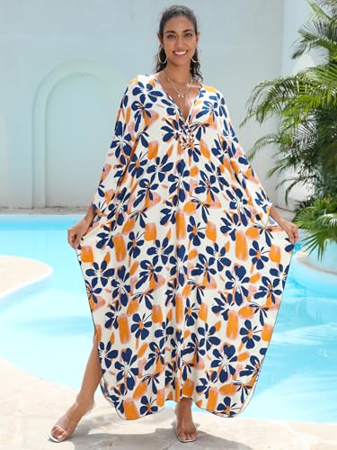Image of IMAGEKOPE Women's Plus Size Animal Print V-Neck Batwing Kaftan Beach Dress Bathing Suit Cover-Up Loungewear