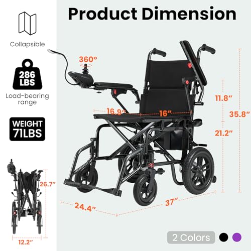 Image of Electric Wheelchairs for Adults，Lightweight Foldable Wheelchair 15 Miles Long Travel Range, 360 Joystick Control Motorized Wheelchair, Support 286 lbs with LED Light Power Wheelchair (Black Black)
