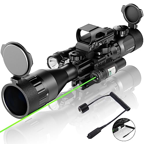 4-16x50AOEG Combo Rifle Scope Red/Green Dual Illuminated with Tail Switch Green Laser 4 Holographic Reticle Red Dot Flashlight (JG8G Laser Scope)