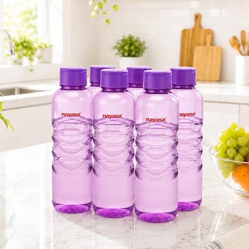 Image of Nayasa Revello 1000 ML Pet Plastic Fridge Water Bottles Set of 6 | BPA Free | Leak Proof | Airtight Lid | Purple