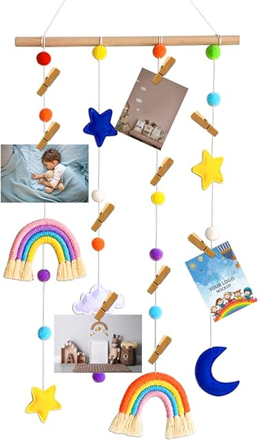 LZYMSZ Hanging Photo Display, Rainbow Decor and Pom-Pom Ball Photo Display Board, Rainbow Picture Frames Collage For Home Living Room Apartment Room Bedroom (10 Wooden Clips)