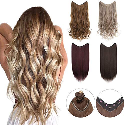 XBwig Clip in Hair Extensions Synthetic 22" 25" One Piece Full Head 150g Clips Hairpieces Straight Curly Long V Part Hair Piece(22",Black Brown)