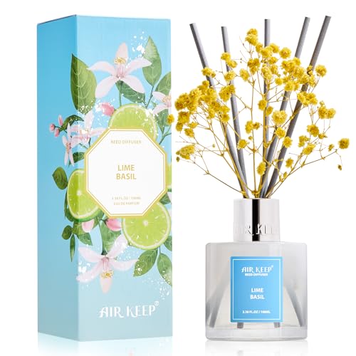 Image of Airkeep Reed Diffuser Set,3.38 fl oz (100 ml) - Lime Basil Oil Diffusers with 8 Reed Sticks, Home Fragrance Reed Diffuser for Bathroom Shelf Decor