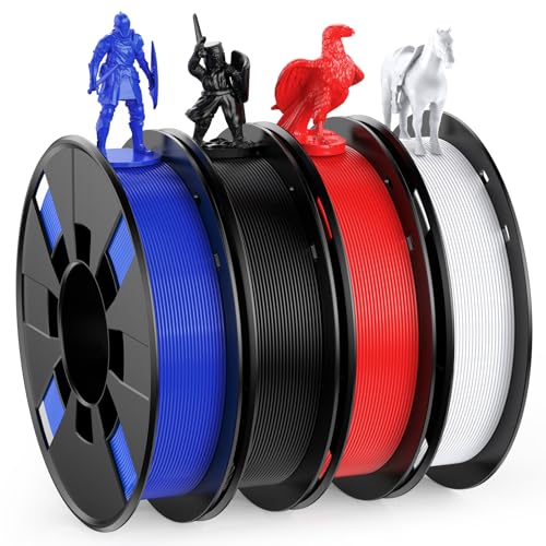 HEPHI3D 3D Printer Filament Pack 250g X 4 Spools, 1.75mm PLA Filament 3D Printing Material, Bright Color Black/White/Red/Blue, PLA Filaments for Most FDM 3D Printers