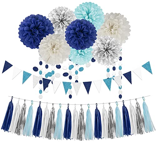 Teal Silver White Navy-Blue Party-Decorations - 30Pcs Tissue Paper Flowers Pom Poms Tassel Garland Pennant Banner Flag Streamers Birthday Decorations Boy Men Christmas Baby Shower Winter Hanging Decor #TOP11