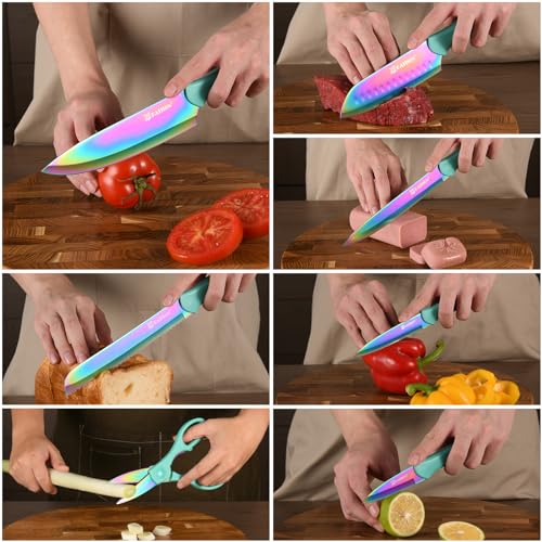 KATISUN Kitchen Knife Set, Rainbow Titanium and 6 Blade Guards, 13-Piece | Stainless Steel Blades, Rainbow Nonstick Coating, Long-Lasting Sharpness, Rust-Resistant, Non-Slip, Dishwasher Safe - image 4