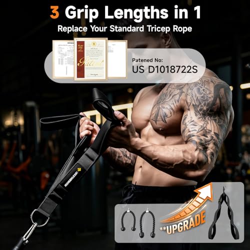 Image of MANUEKLEAR 24-Inch 3-Grip Tricep Rope Cable Attachment for Gym Greater ROM