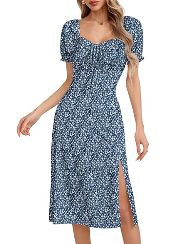 Missufe Women's Summer Floral Midi Dresses Puff Short Sleeve Side