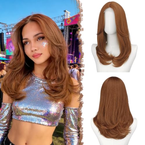 FESHFEN Lace Front Hairline Wigs with Bangs, Synthetic Natural Looking Long Layered Straight Hair Wig for Women Daily Party Costume, 18 inch Auburn