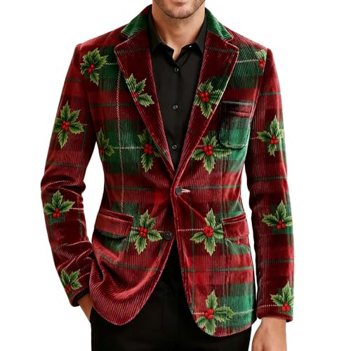 Christmas Blazer Men One Button Mens Blazers and Sport Coats Santa Jacket Blazer Dress Coat for Men Party with Pockets Corduroy Xmas Mens Corduroy Jacket Fluorescent Green XL