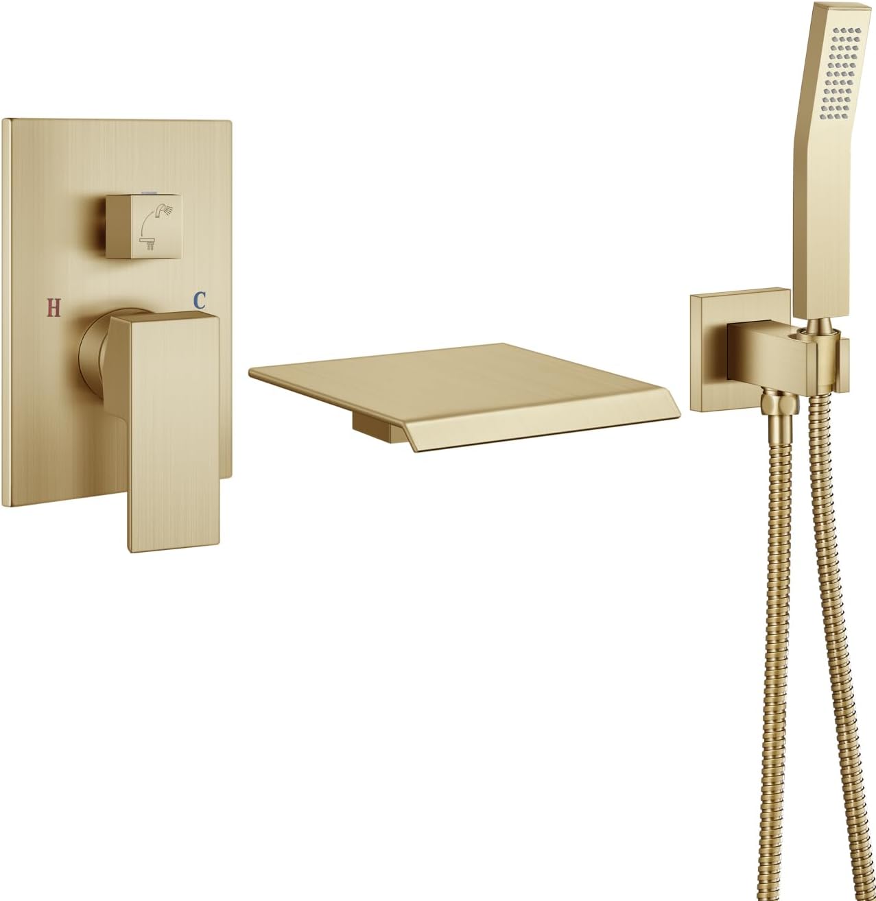 Aolemi Wall Mount Bathtub Faucet Set,Waterfall Tub Filler with Handheld Shower,Single Handle Solid Brass Tub Faucet with Rough-in Valve,Brushed Gold