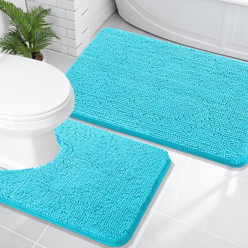Image of OLANLY Chenille Bathroom Rugs Mats Sets 2 Piece, 36 inchx24 inch+24 inchx20 inch, Aqua Sky | Soft Absorbent Bath Mat and U-Shaped Contour Toilet Rug Set, Quick Dry, Machine Washable Bath Carpet, Home Decor Accessories
