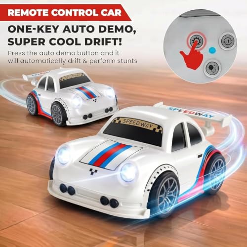Image of 2.4GHz RC Drift Car with LED Lights & Auto Demo - Rechargeable Remote Control Racing Toy | Follow Me Escape Mode High-Speed Stunt Sports Car for Kids 6+ Years (White)