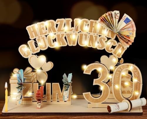 Giftota Original 30. Geburtstag Geldgeschenke Holz mit LED Lichterkette Geschenke zum 30 Geburtstag Mann Frau 30. Geburtstagsgeschenk Dekoration