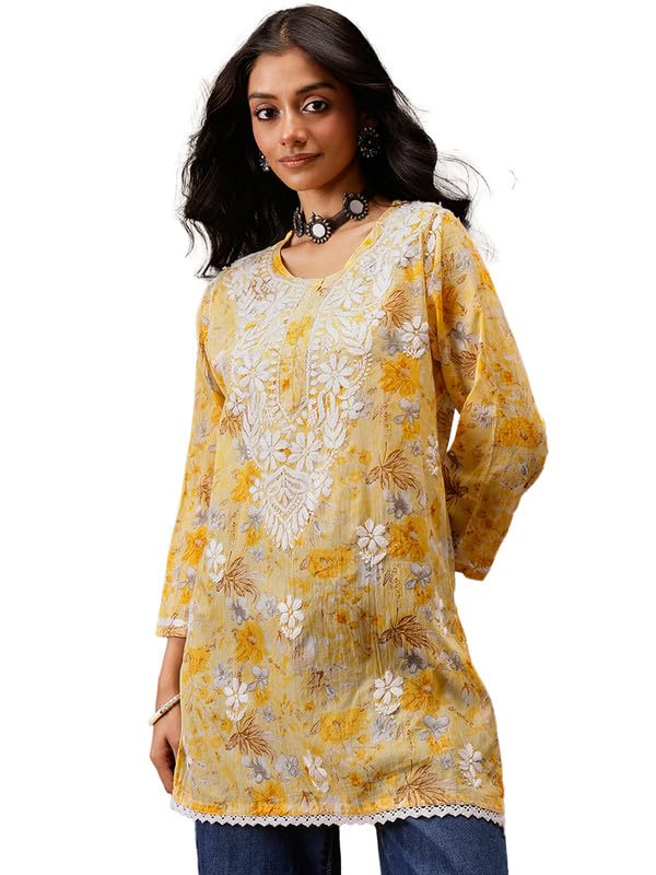 Image of Ada Hand Embroidered Lucknowi Chikankari Cotton Top for Women A911454 | Lucknowi Short Kurta Kurti Tunic Casual Wear Ethnic Wear Chikan Work Straight handcrafted top Kurti for Office