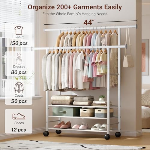 SLEEPING LAMB 44" Double Rods Clothes Rack for Hanging Clothes, Sturdy Metal Clothing Rack with 3 Tier Shelves, Portable Rolling Garment Rack With Wheels for Bedroom, Laundry Living Room, White thumbnail 2