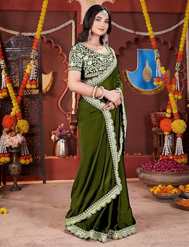 Image of DHARMEE Women's Elegant Designer Sarees Premium Rangoli Fabric with Embellished Border, Lightweight and Stylish Ethnic Wear - Perfect for Parties, Weddings, and Festive Occasions..