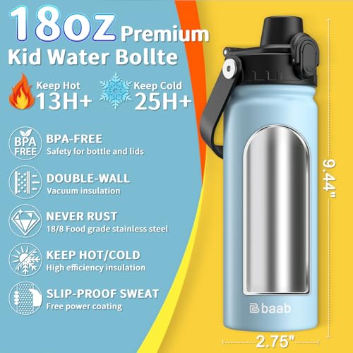baab 18oz Kids Water Bottle, Insulated Kids Water Bottle with Lockable Spout Lid & Stickers, 18/8 Stainless Steel Vacuum Leakproof Kid Water Cup with Handle for School (Navy Blue+Light Blue, 2 Pack)